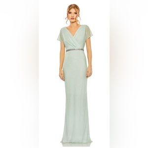 Mac Duggal SHORT SLEEVE BEADED V-NECK GOWN.  2069